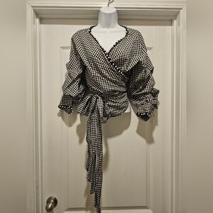 Zara Womens Reversible Gingham Wrap Top With Pearl Neckline